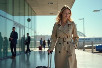 Femme sereine arrivant à l'aéroport de Marseille avec sa valise, expression détendue devant le terminal