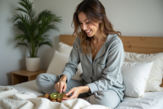 Femme en pyjama gris coupe un kiwi dans la chambre chaleureuse