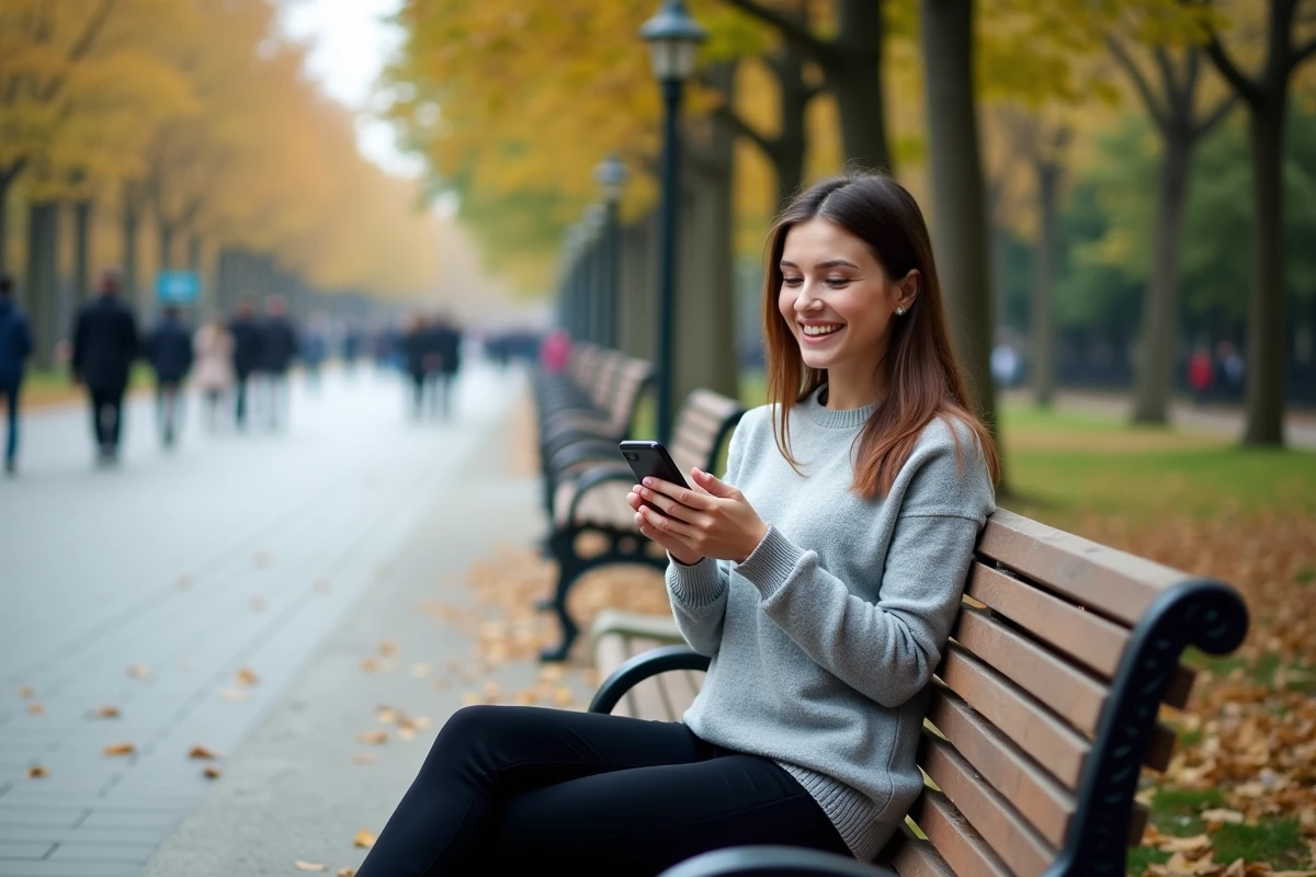 Femme souriante utilisant son smartphone dans un parc urbain