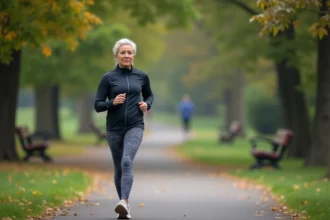 Femme d'âge moyen marchant dans un parc verdoyant
