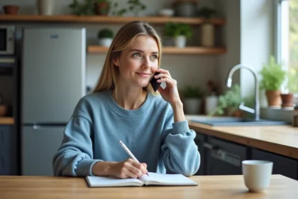 Femme en sweater bleu au téléphone dans la cuisine