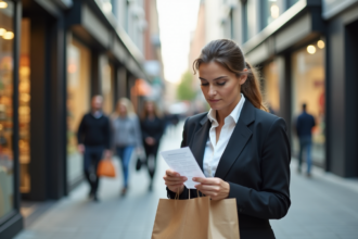 Femme d affaires dans la ville examine un reçu de courses