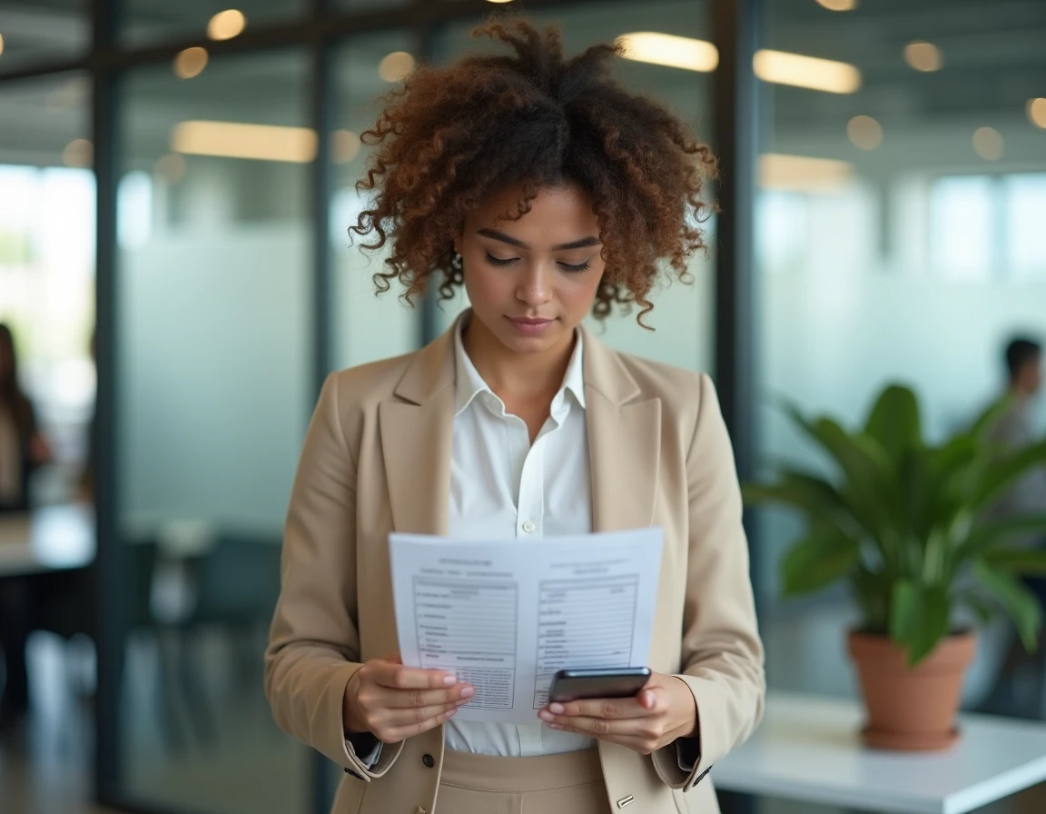 Femme professionnelle examinant une liste de numéros de téléphone dans un bureau open space, évoquant les limites de la recherche inversée