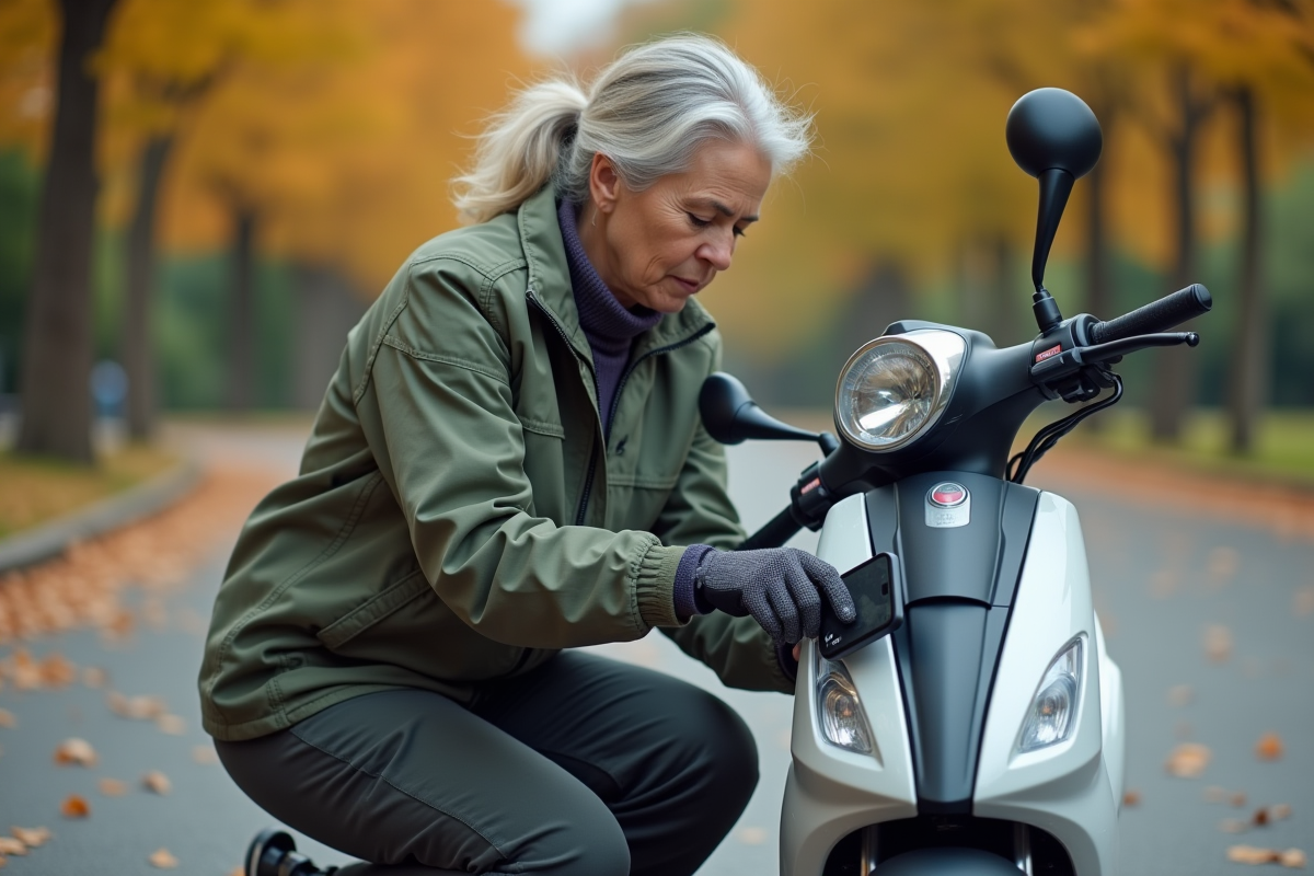 Femme vérifiant le GPS sur son scooter dans un parc urbain