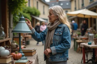 Femme examinant une lampe vintage au marché en Bretagne