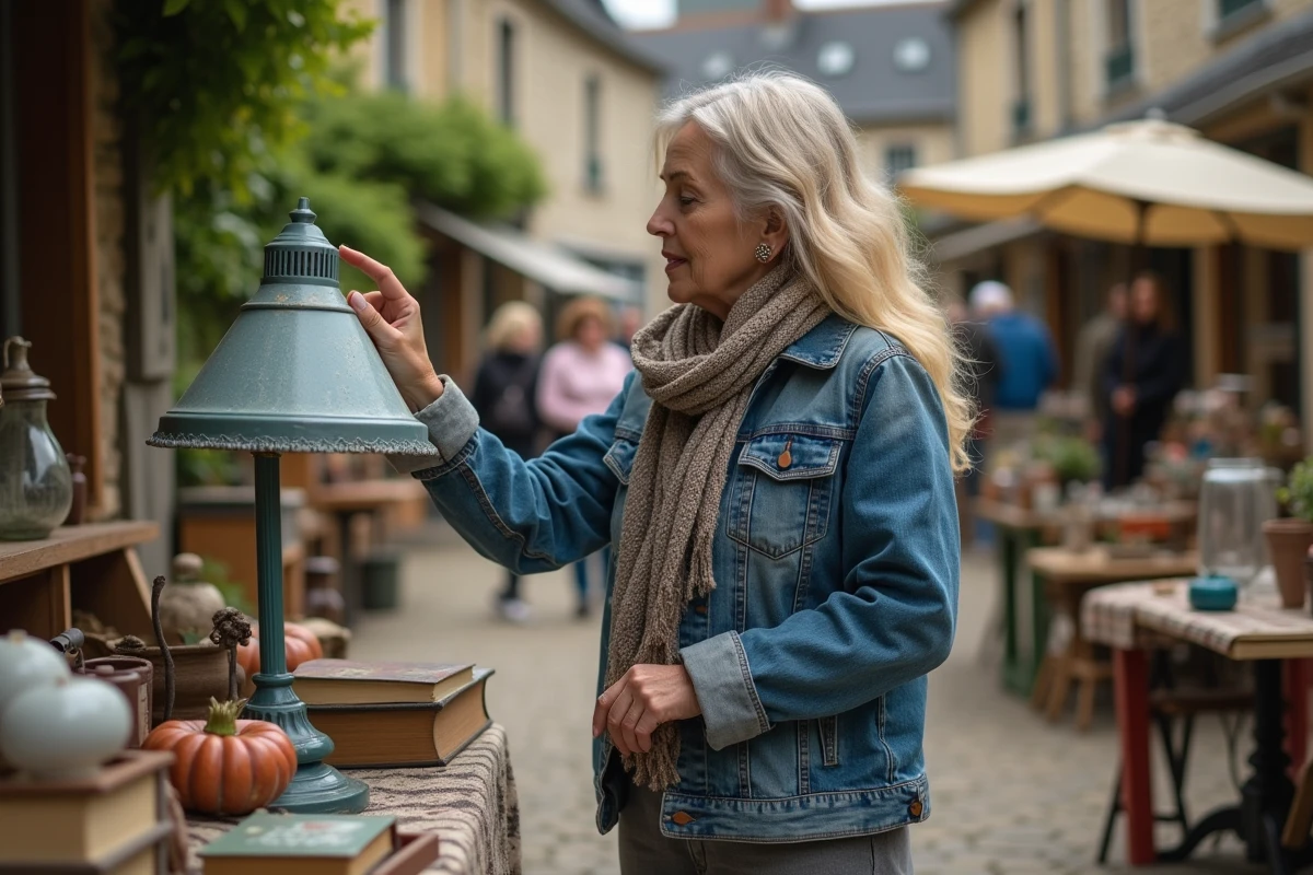 Femme examinant une lampe vintage au marché en Bretagne