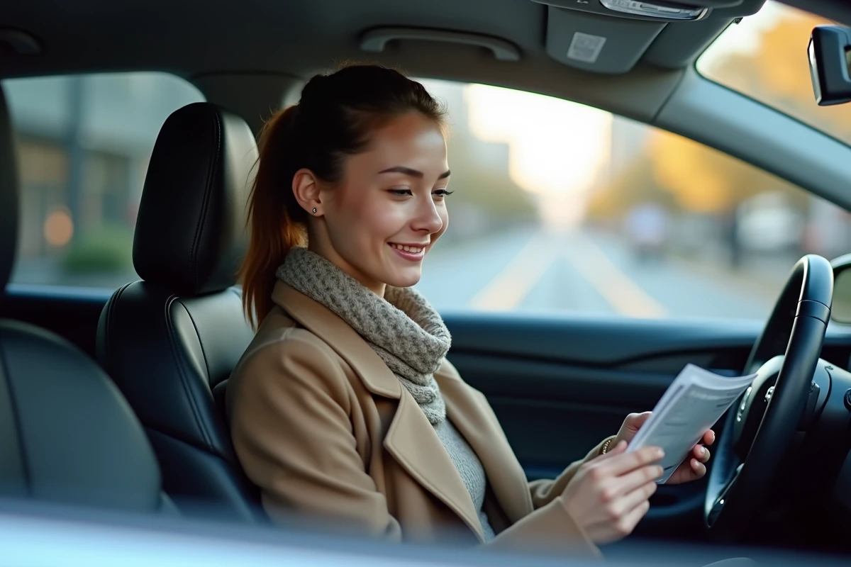 Femme compare brochures dans une voiture hybride plug-in