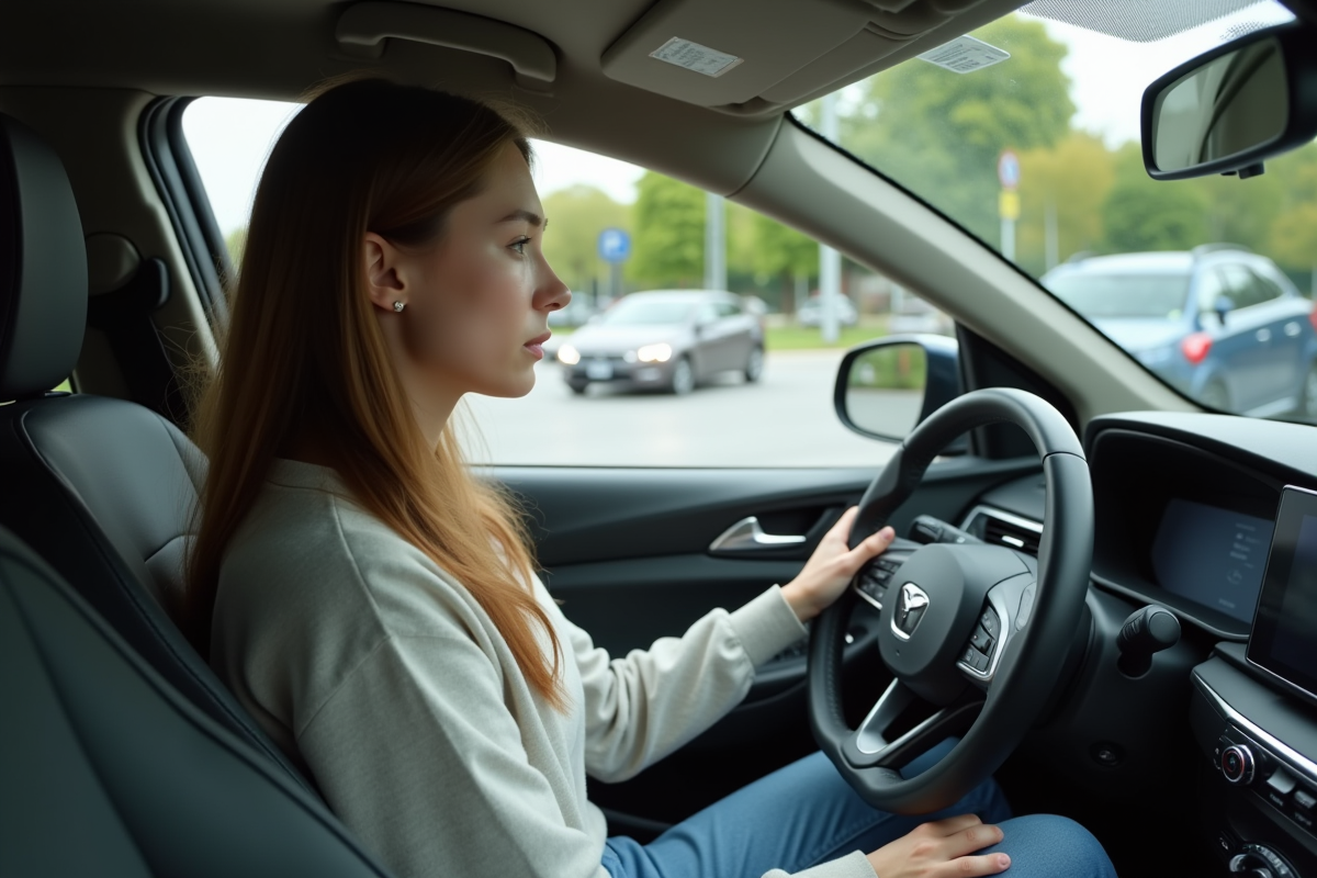 Jeune femme dans une voiture urbaine regardant la station hydrogène