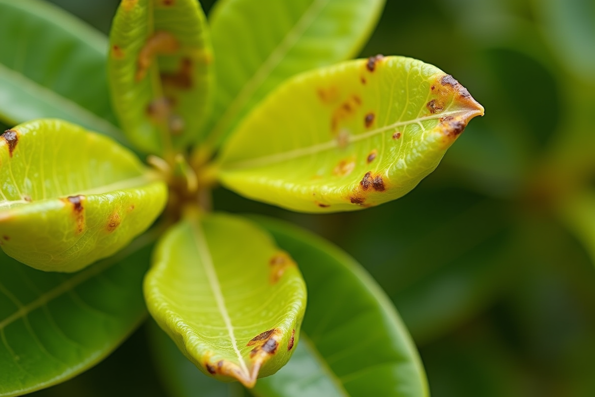 Feuilles de limone malade avec taches brunes et jaunissement