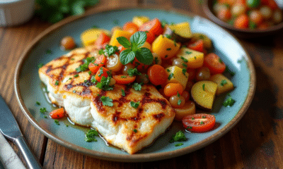 Filet de poisson blanc grillé avec légumes racines et salsa