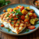 Filet de poisson blanc grillé avec légumes racines et salsa