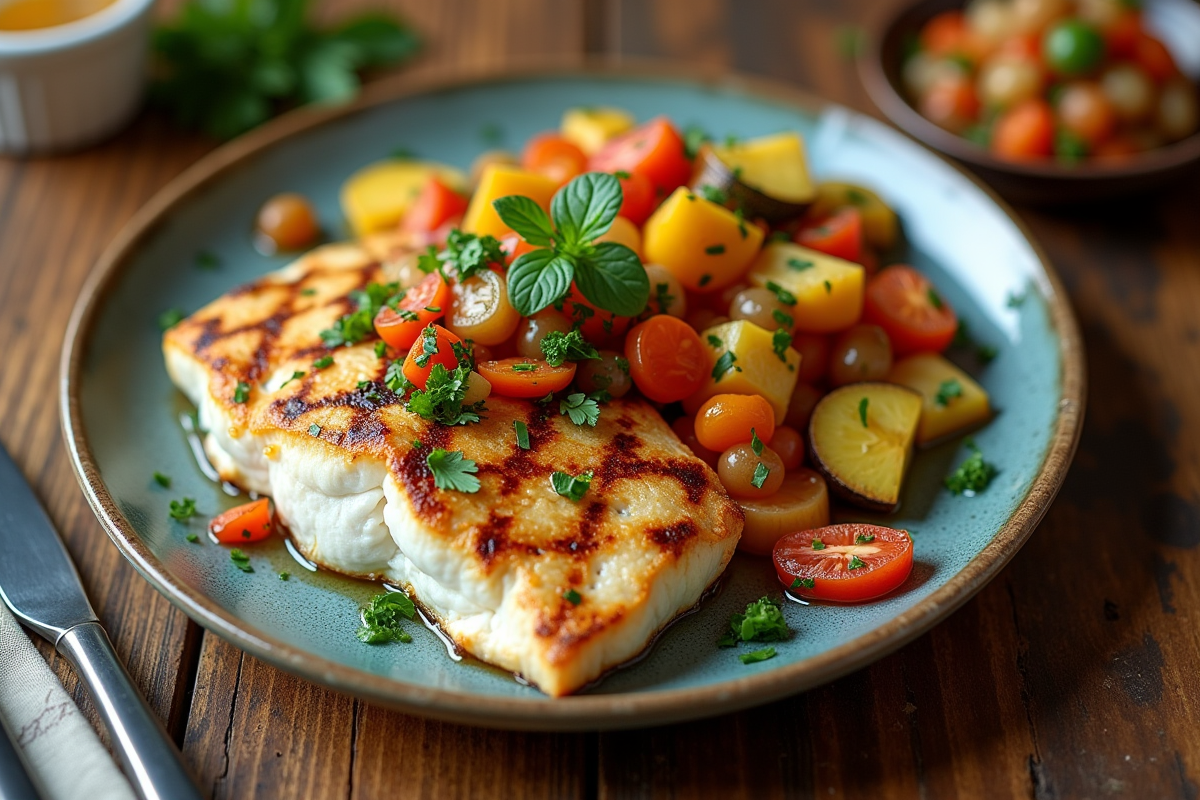 Filet de poisson blanc grillé avec légumes racines et salsa