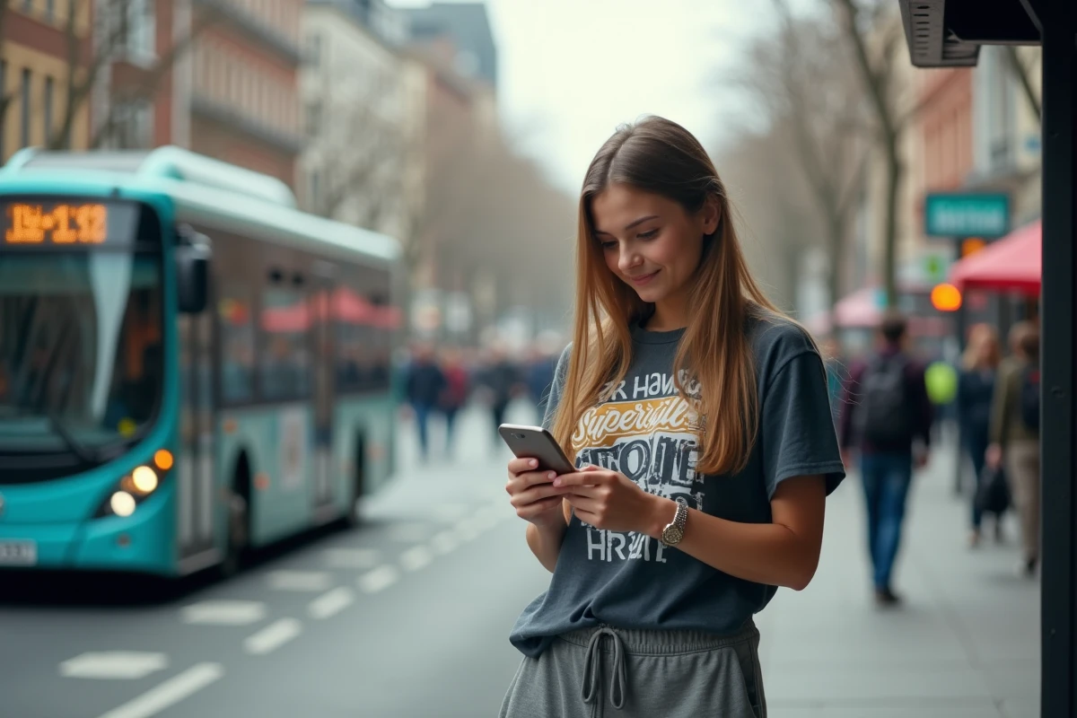 Fille vérifiant une application de jeux sur son smartphone à un arrêt de bus