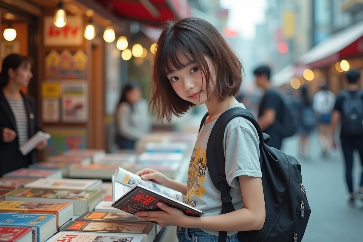 Adolescente regardant des mangas dans un marché japonais