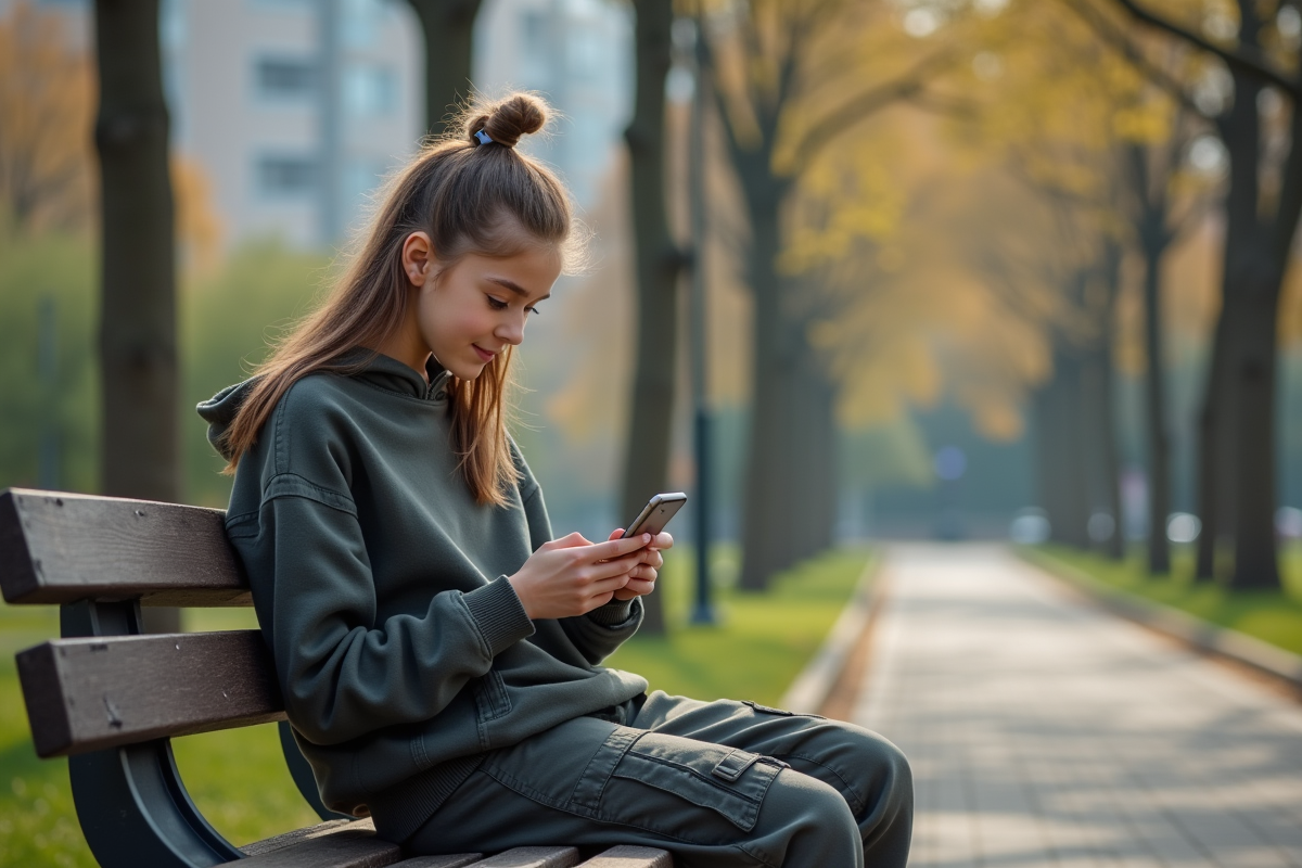Jeune fille seule sur un banc de parc avec smartphone