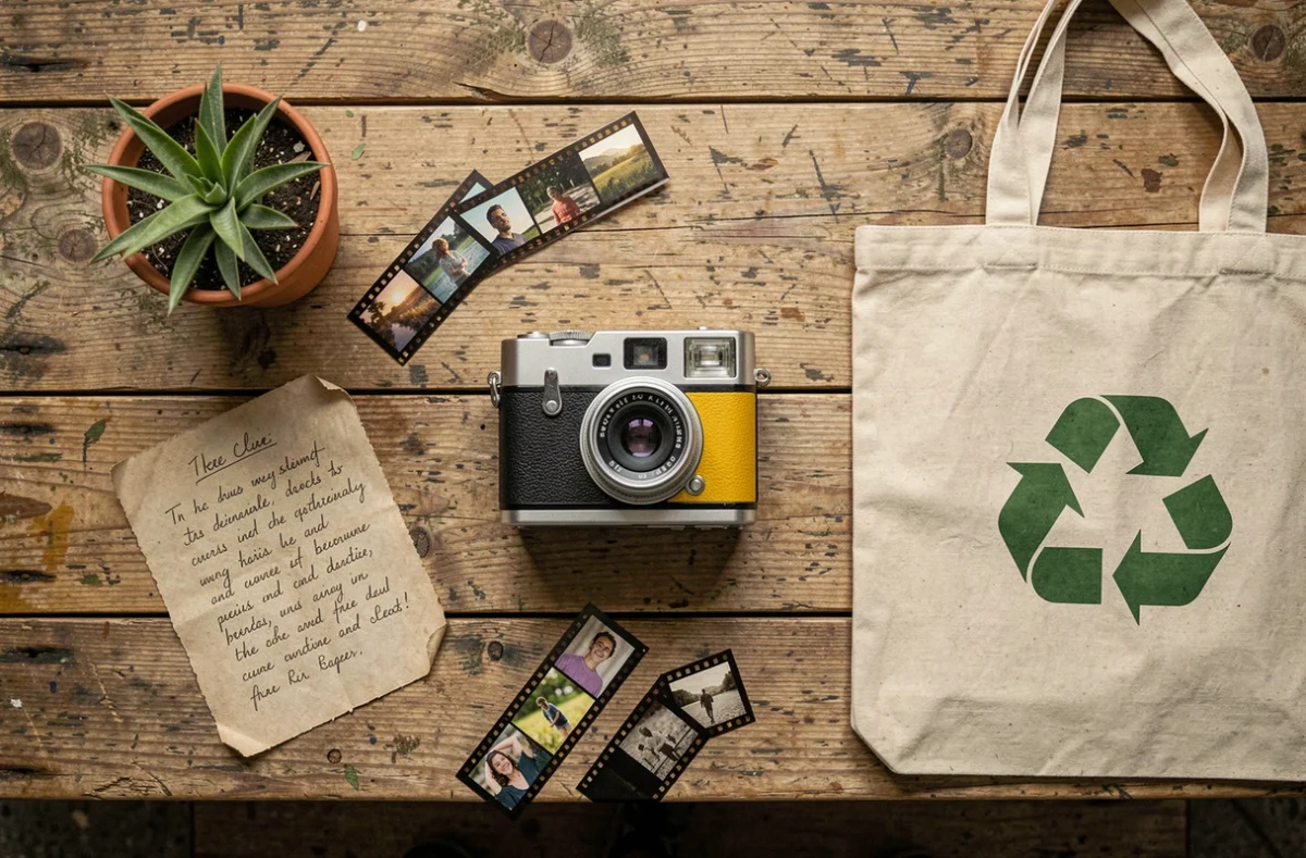 Composition à plat d'un appareil photo jetable réutilisable entouré de pellicules et d'objets écologiques sur bois recyclé, évoquant la photographie responsable et durable