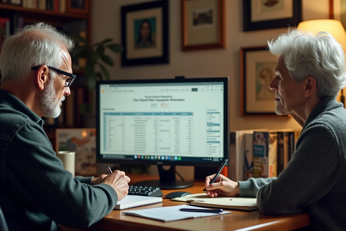 Couple de collectionneurs analysant les frais et commissions d'un site d'enchères en ligne