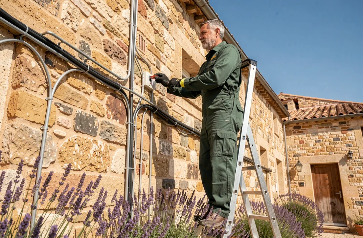 FRIELEC : électricien installant une conduite électrique sur une maison en pierre provençale dans le Var