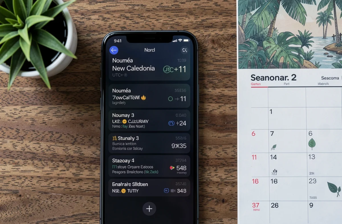 Smartphone affichant l'application horloge mondiale avec le fuseau horaire de la Nouvelle-Calédonie UTC+11