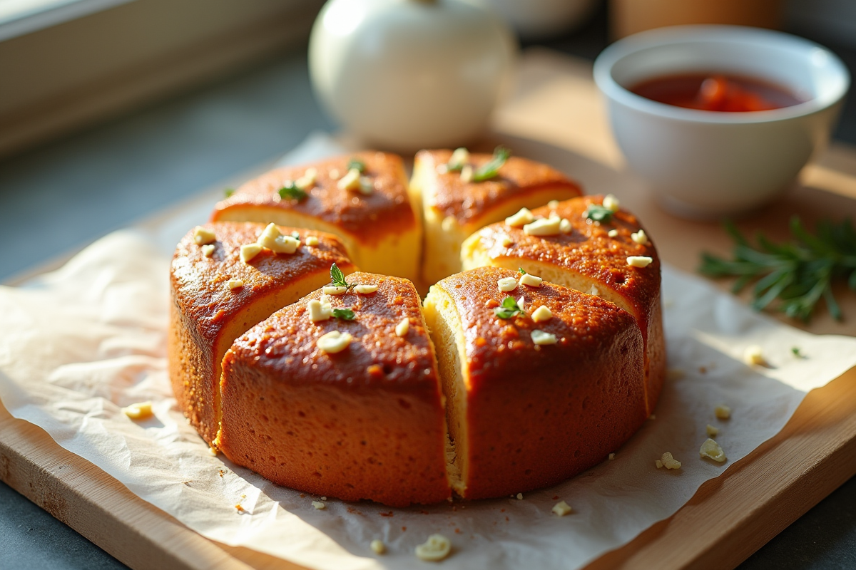 Gâteau au chorizo et feta refroidissant dans une cuisine lumineuse