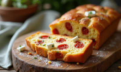 Gâteau salé tranché avec chorizo et feta sur planche en bois