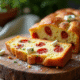 Gâteau salé tranché avec chorizo et feta sur planche en bois
