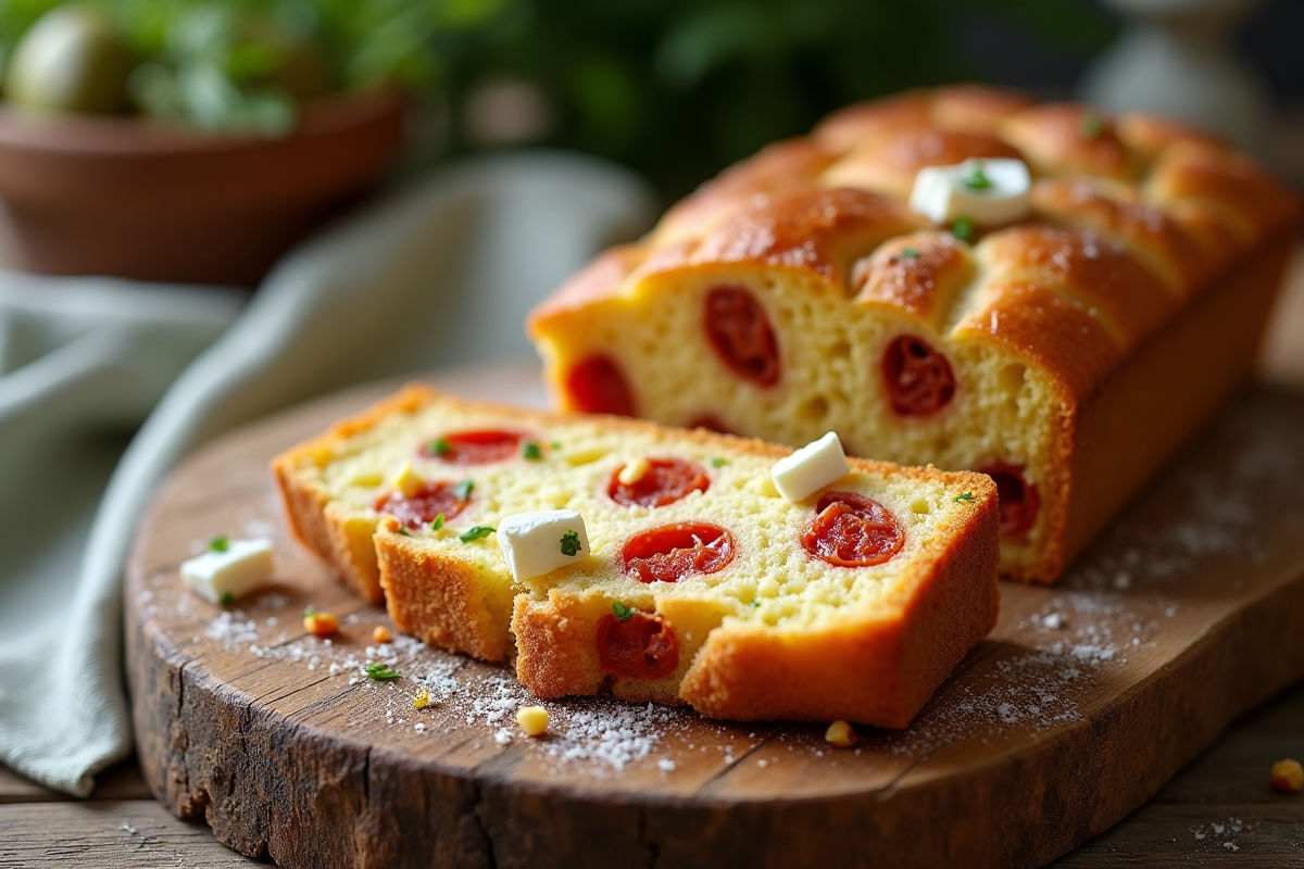 Gâteau salé tranché avec chorizo et feta sur planche en bois