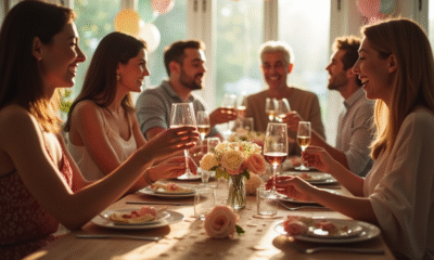 Groupe d'amis et famille autour d'une table décorée pour un anniversaire