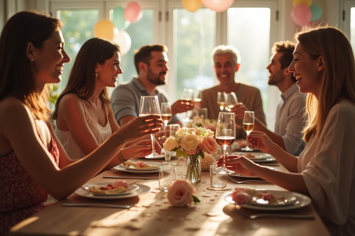 Groupe d'amis et famille autour d'une table décorée pour un anniversaire