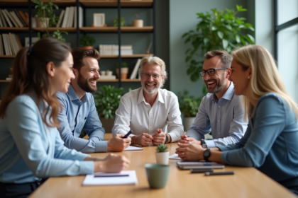 Groupe de collègues divers dans un bureau moderne
