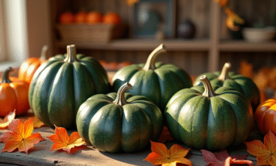 Groupe de courges vertes sur table en automne