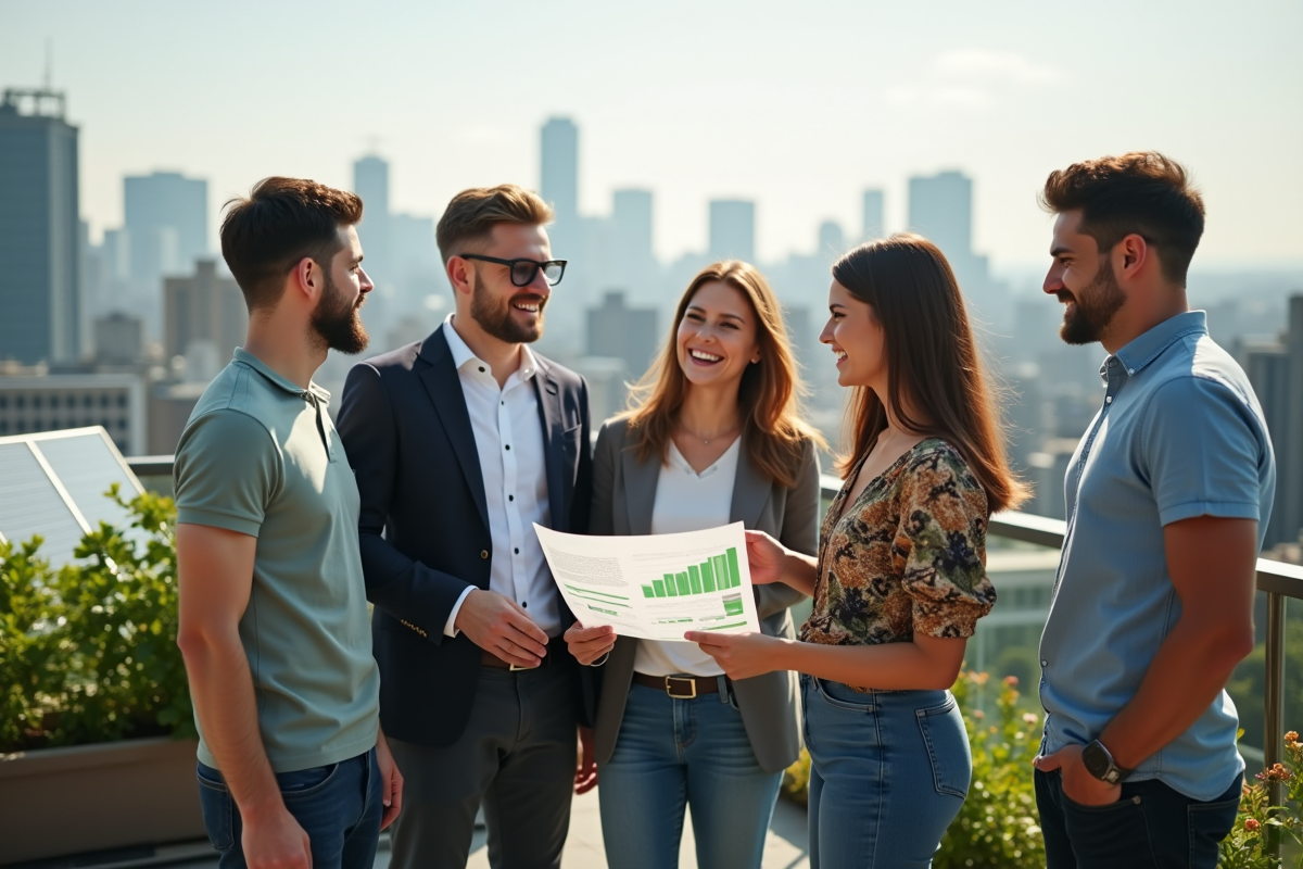 Groupe de professionnels discutant sur un toit urbain écologique