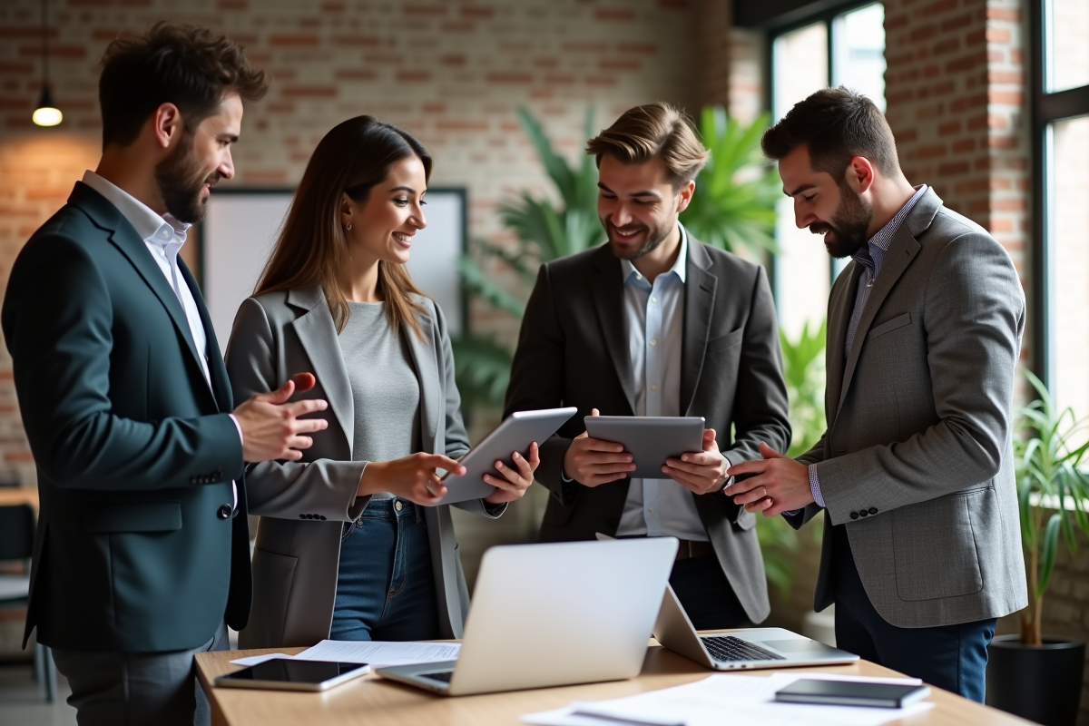 Groupe de jeunes professionnels échangeant dans un espace de travail