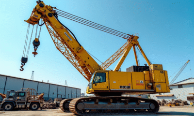 Grue jaune d industrie en yard avec machines visibles