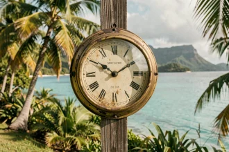 Horloge analogique affichant l'heure en Nouvelle-Calédonie avec lagon turquoise en arrière-plan