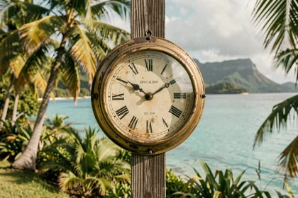Horloge analogique affichant l'heure en Nouvelle-Calédonie avec lagon turquoise en arrière-plan