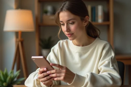 Jeune femme consultant les statistiques TikTok sur son smartphone un vendredi pour optimiser ses heures de publication