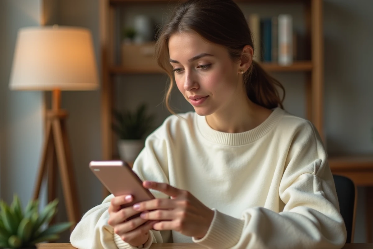 Jeune femme consultant les statistiques TikTok sur son smartphone un vendredi pour optimiser ses heures de publication
