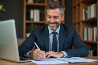Homme d'affaires concentré devant des graphiques financiers