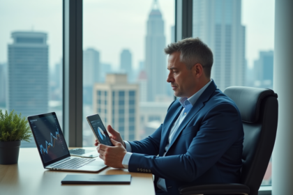 Homme d'affaires en costume bleu dans un bureau moderne