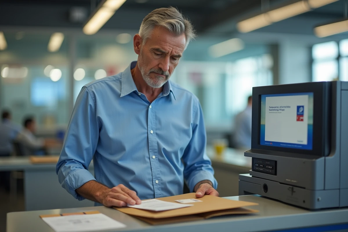 Homme apposant un timbre sur une grande enveloppe dans un bureau postal