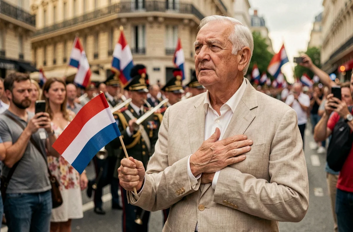 Homme âgé ému tenant un drapeau tricolore lors d'un défilé militaire du 14 juillet dans une rue française
