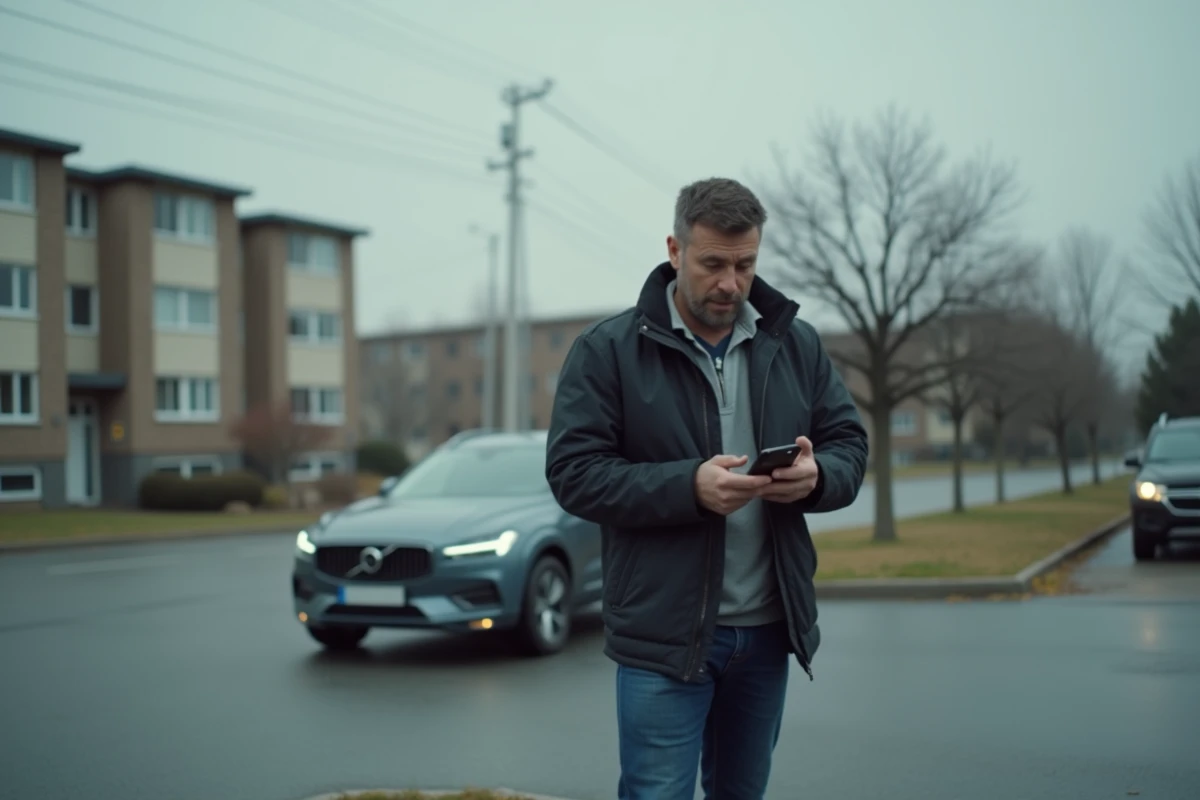 Homme méfiant lisant un message suspect sur son téléphone lors d'une transaction de vente de voiture entre particuliers