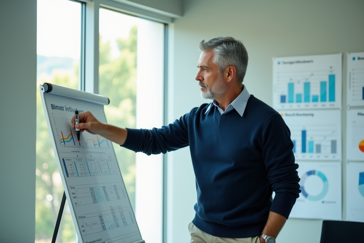 Homme en sweater bleu analysant un tableau de budget