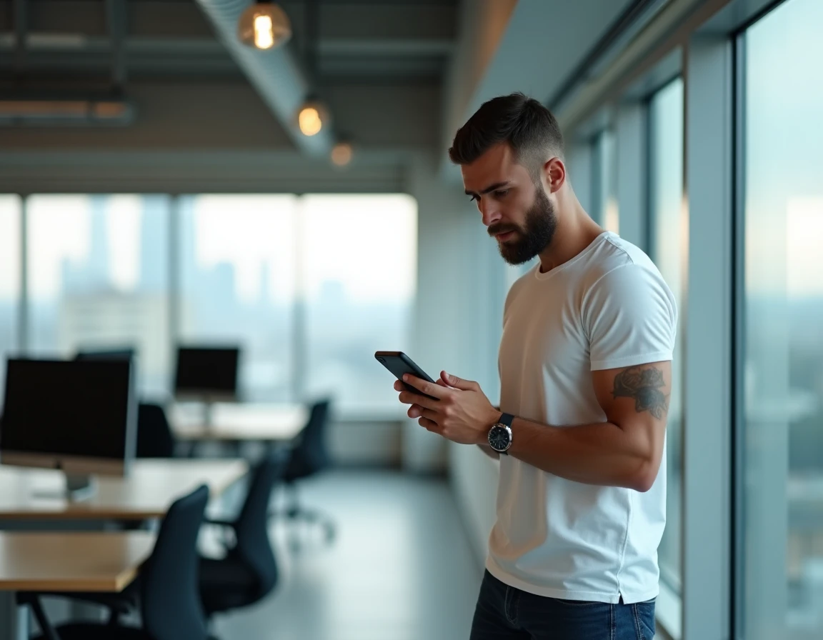 Homme dans un bureau vérifiant les paramètres de sa carte SIM Lyca Mobile sur son téléphone