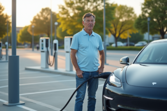 Homme en jeans et polo bleu chargeant sa voiture électrique