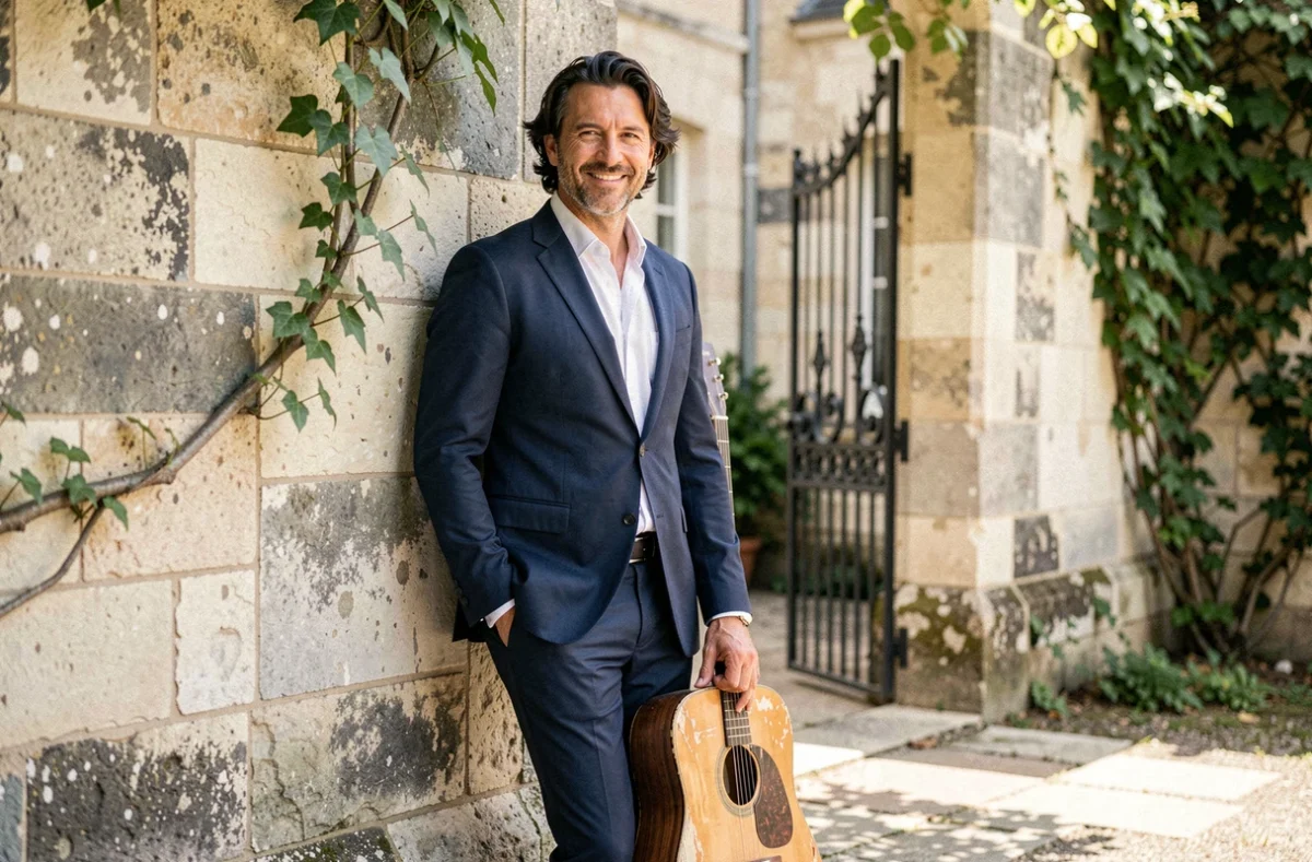 Homme charismatique au style artistique posant dans la cour d'un manoir français avec une guitare acoustique