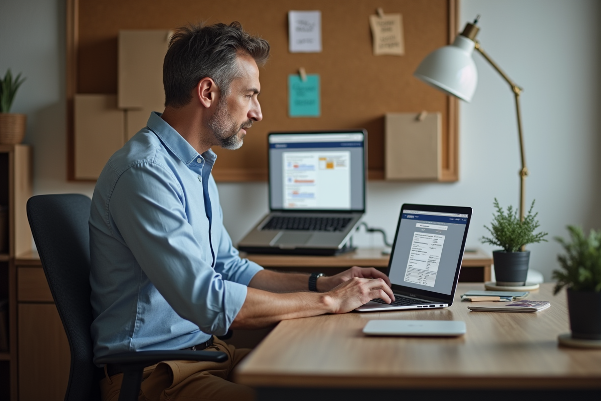 Homme d affaires utilisant son ordinateur dans un bureau organisé