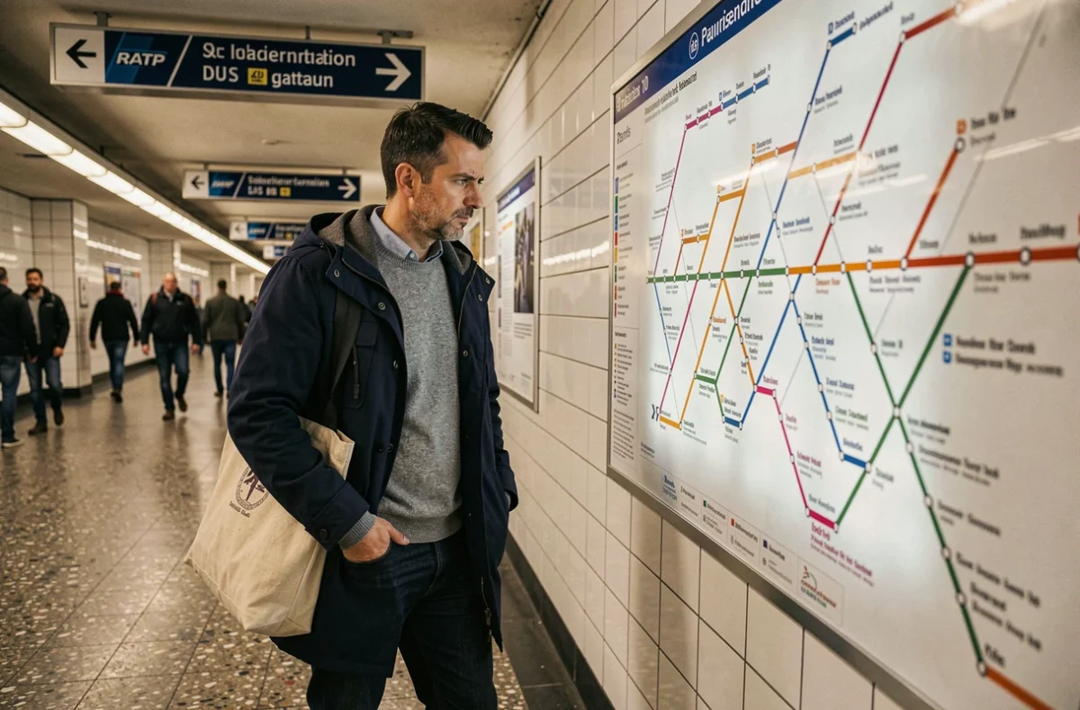 Homme étudiant le plan de la ligne 10 du métro dans un couloir souterrain parisien