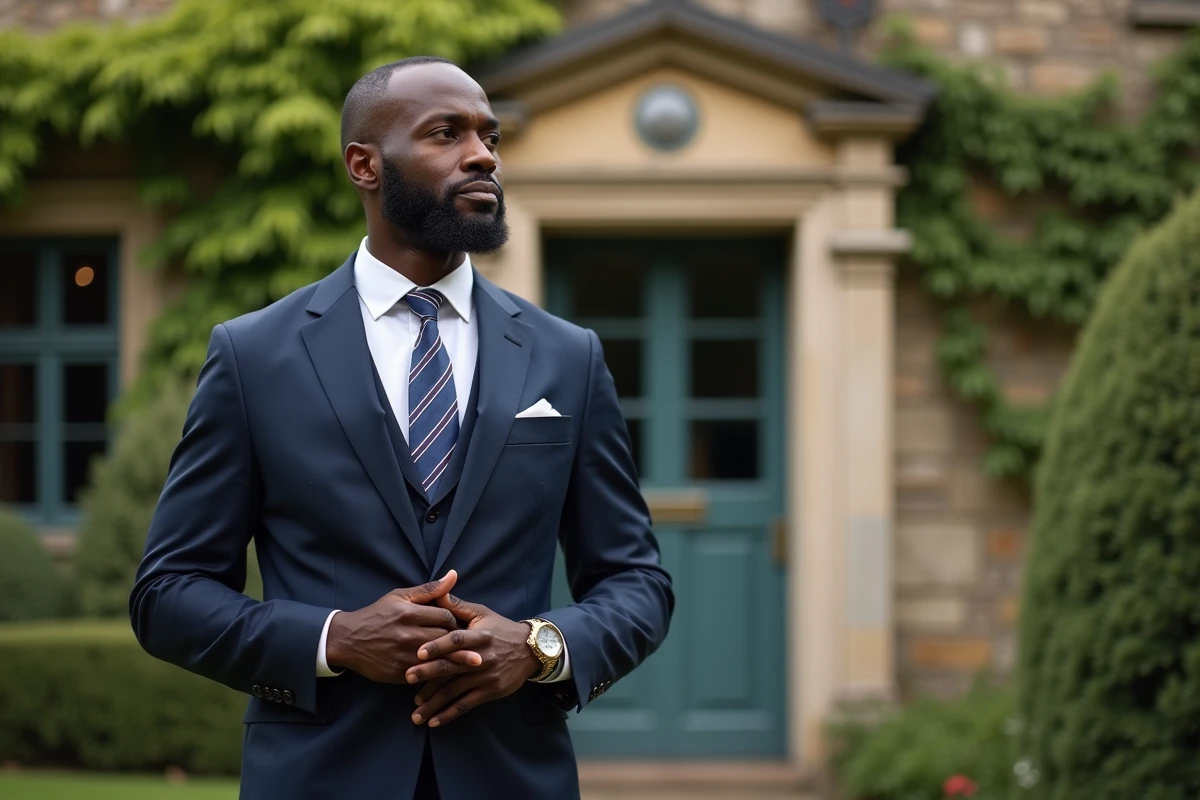 Homme noir en costume devant une vieille maison familiale
